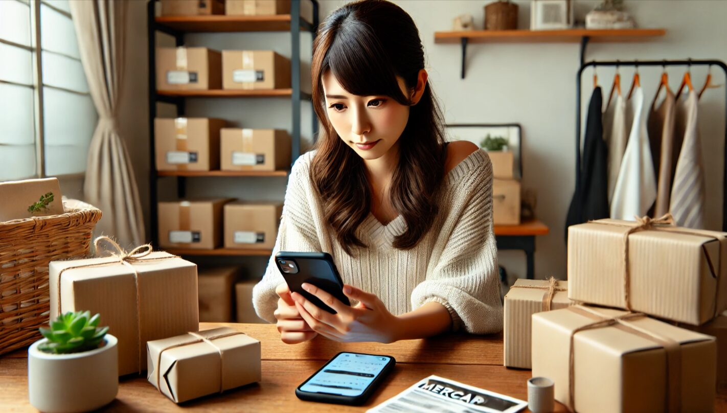 メルカリでまとめ買いを検討している日本人女性が、自宅でスマートフォンを操作している様子。丁寧に取引を考えるシーン。