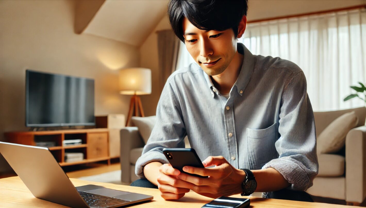 自宅のリビングでスマホを操作しながら、丁寧に値下げ交渉をしている日本人男性。落ち着いた雰囲気の交渉シーン。