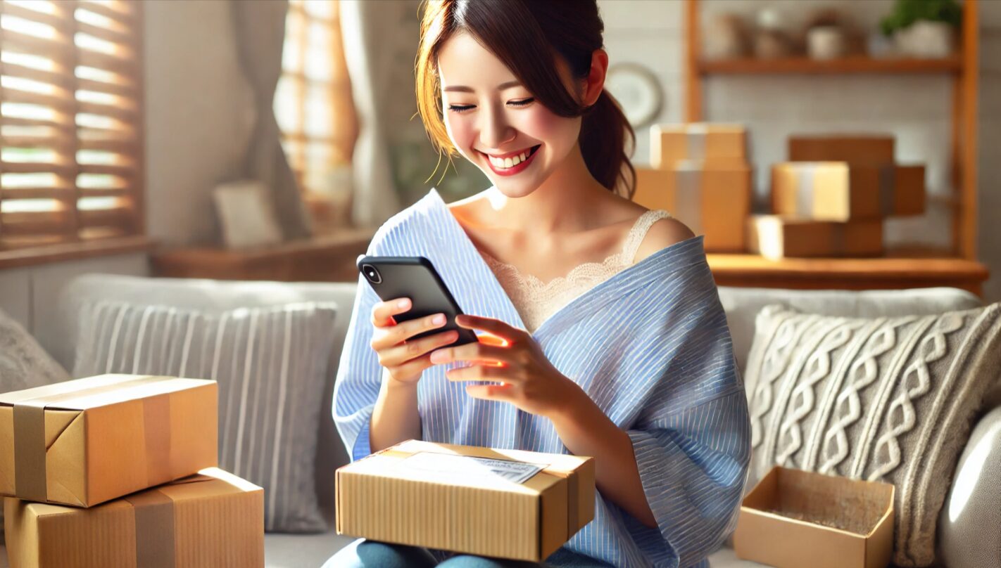 商品を受け取って満足そうにスマートフォンでお礼メッセージを送る日本人女性。明るい部屋での喜びのワンシーン。