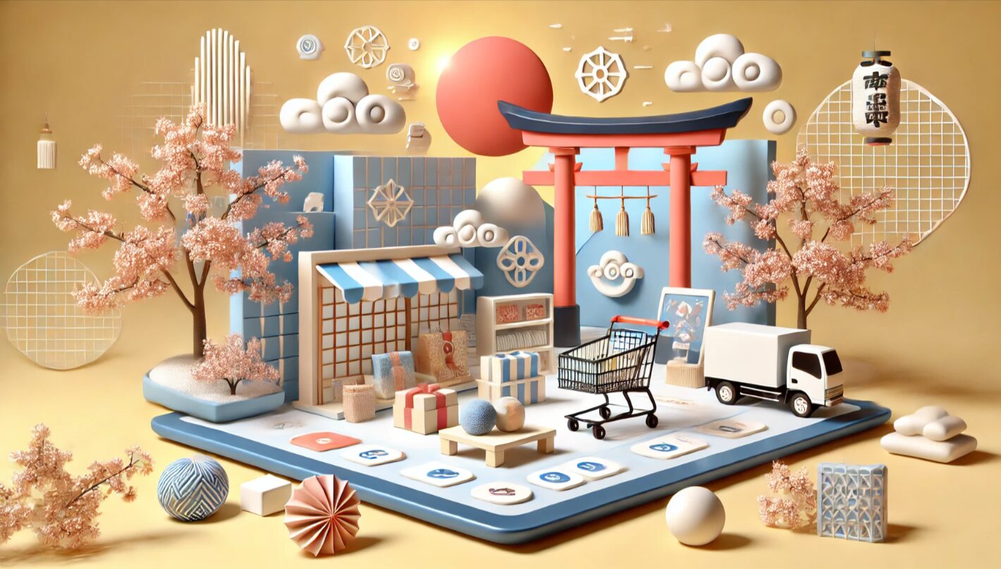 デジタルマーケットプレイスをイメージした明るくモダンな背景、ZOZOTOWNやネット仕入れ系の記事に最適なアイキャッチ画像。