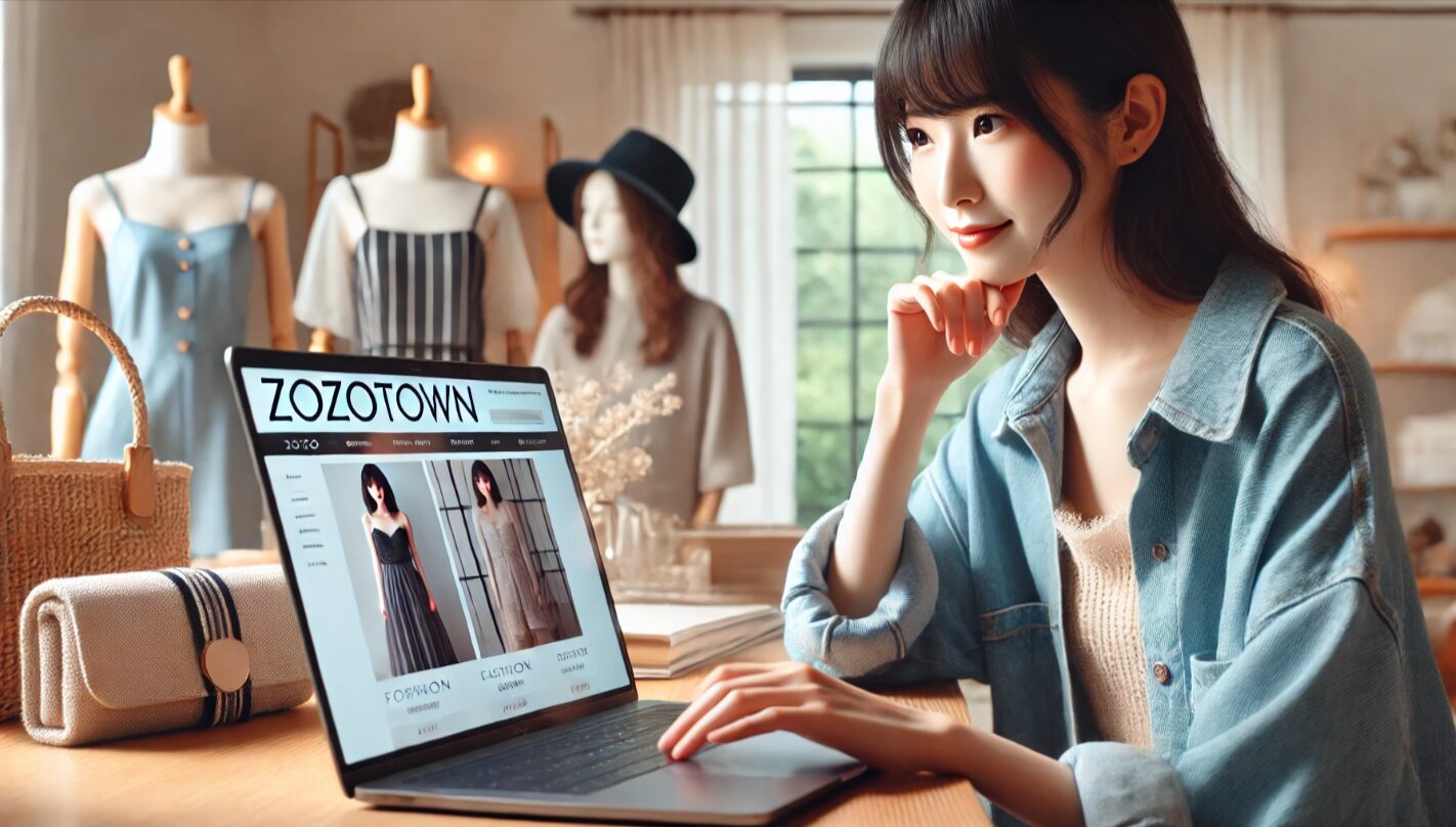 ノートパソコンでZOZOTOWN風のファッションサイトを閲覧する日本人女性の自宅作業風景。