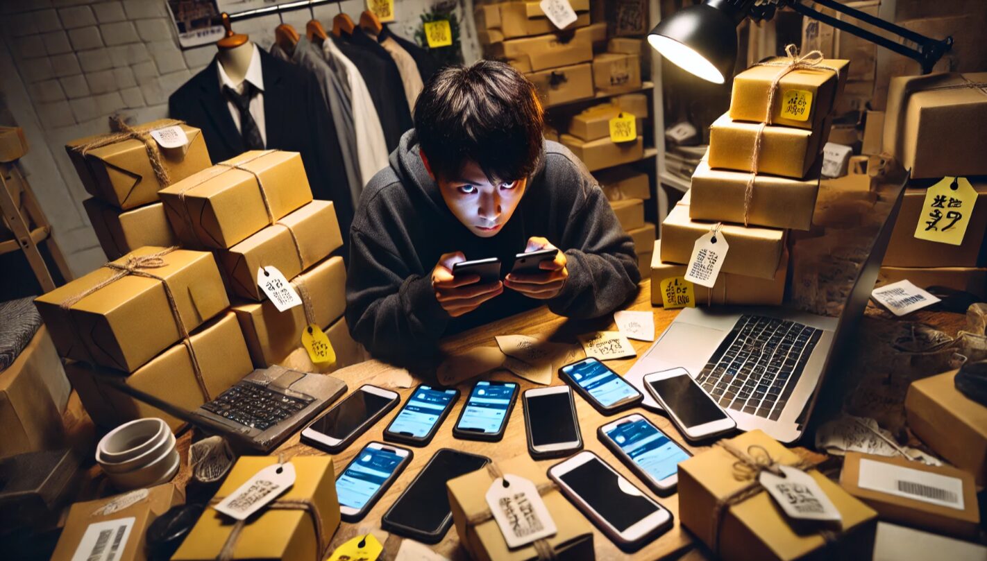 複数のスマートフォンと衣類のパッケージに囲まれた日本人男性が怪しげな行動をしている様子。