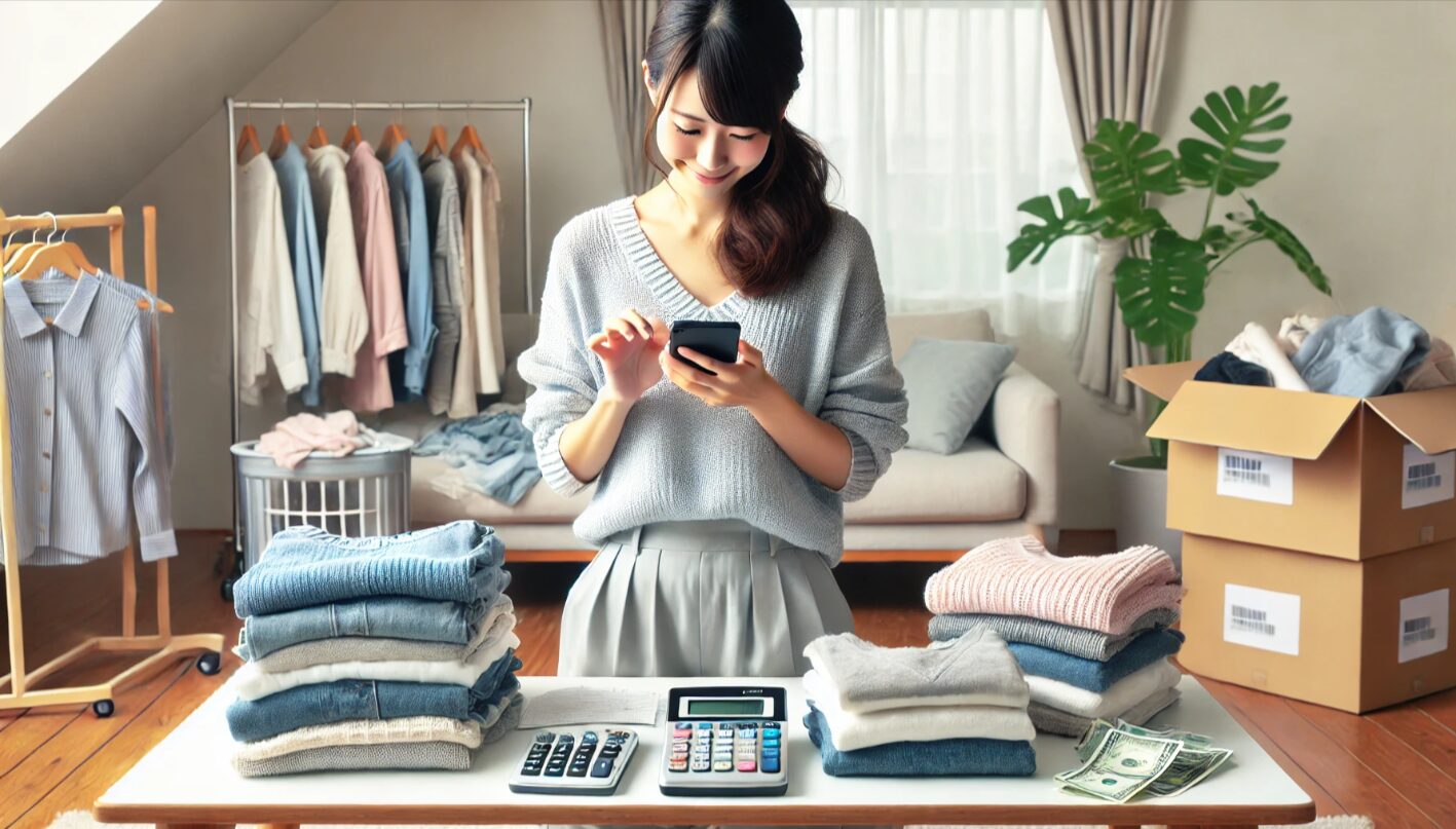 自宅で衣類を整理しながらスマホを操作して買い替え割を利用しようとしている日本人女性。