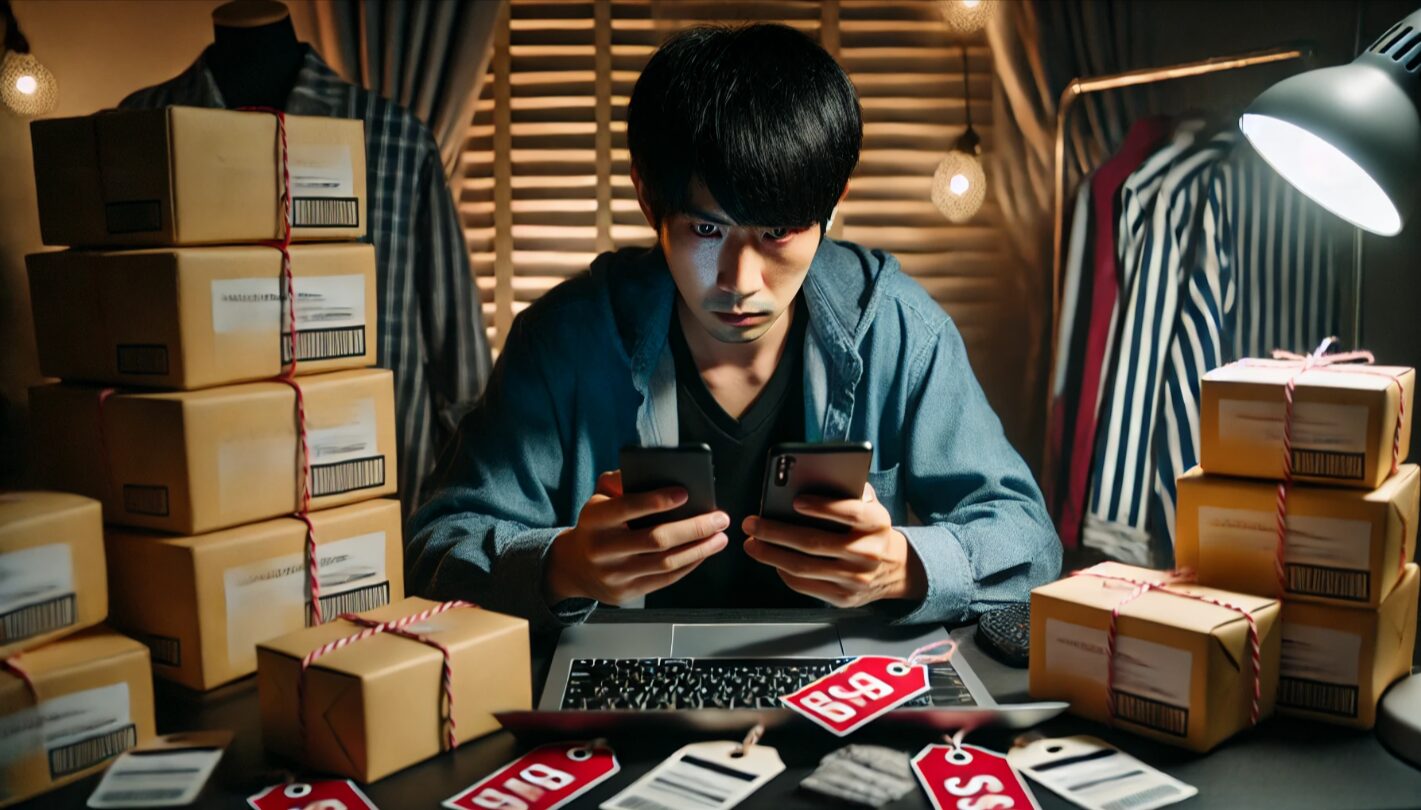 パッケージや服が散乱する部屋で、転売を疑われそうな行動をする日本人男性のシーン。