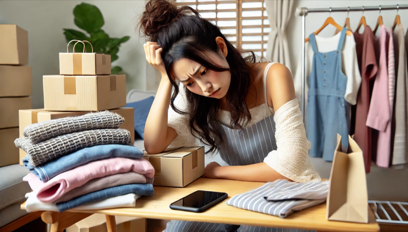 スマートフォンを見て頭を抱える日本人女性が、衣類や梱包資材に囲まれて疲労感を見せている様子。