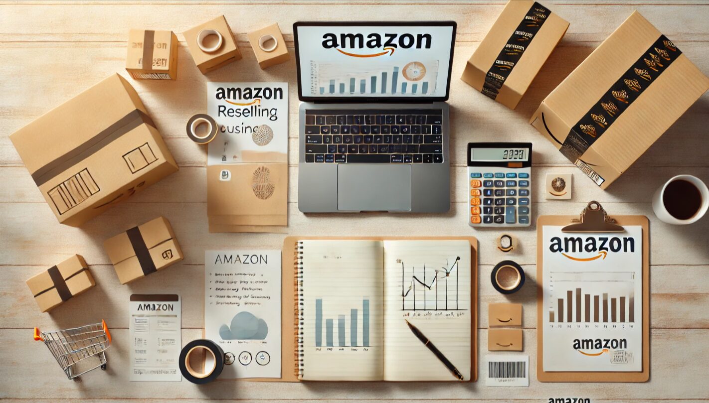 Amazon物販ビジネスに関するブログ記事のアイキャッチ画像として最適な、ラップトップやノート、梱包資材が整然と並ぶモダンな作業スペースのフラットレイ構成の画像。