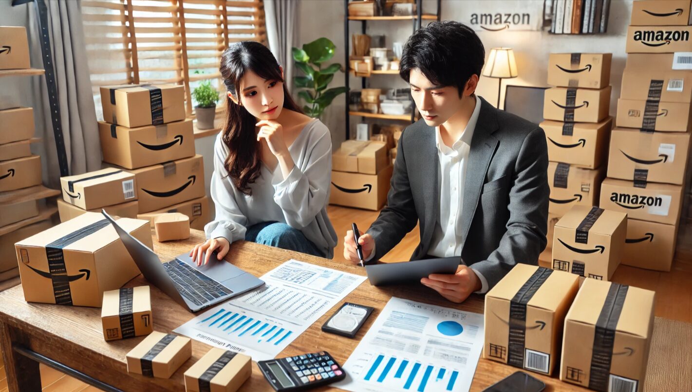 日本人の男女が自宅オフィスでAmazon販売の在庫と価格戦略について話し合っている様子。梱包箱やノートパソコン、商品が映り込み、現実的な物販業務の一場面を表現した画像。
