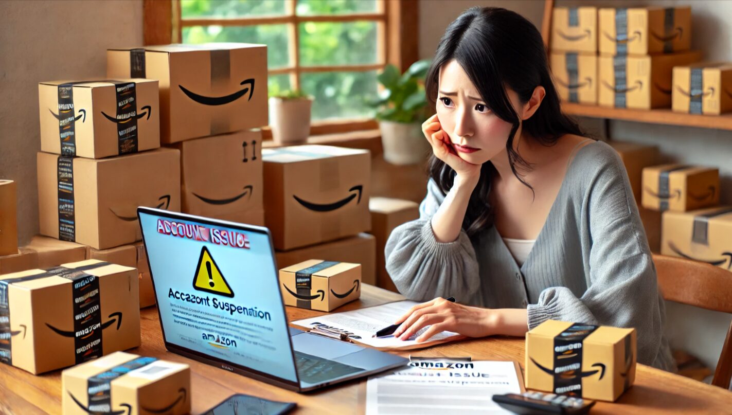 アマゾンのアカウント停止リスクを示すため、警告が表示されたノートパソコンを見て困惑する日本人女性と、周囲に散らばる荷物や書類を描いたリアルな室内シーン。