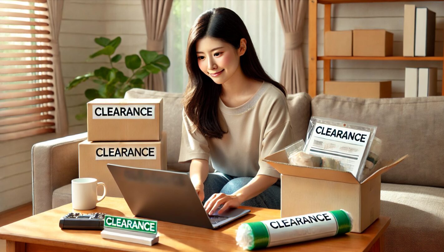 自宅でノートパソコンを使い、在庫処分品や訳あり商品を探している日本人女性。周囲にはディスカウント商品が置かれ、嬉しそうな表情がネット仕入れの楽しさを表現している。