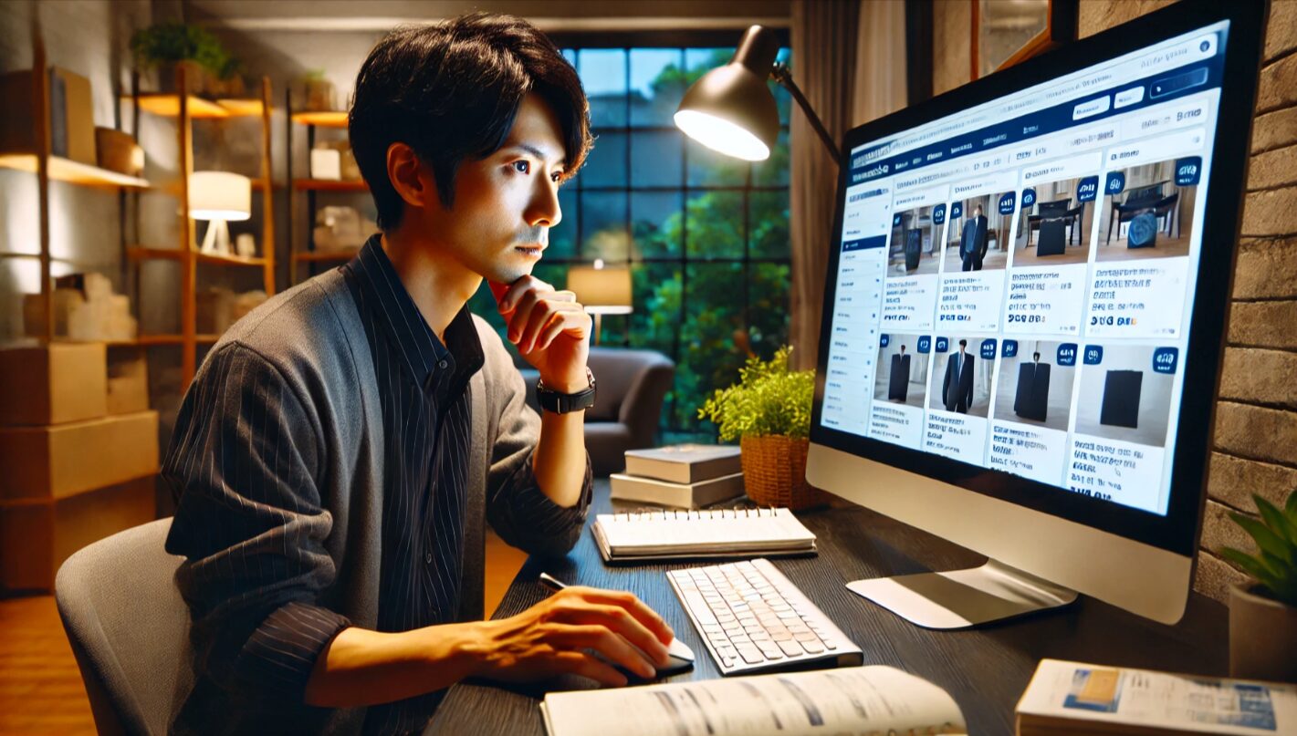 自宅でB2B卸サイトを閲覧しながら、仕入れ計画を練る日本人男性。パソコン画面には商品一覧が表示され、周囲には商品サンプルやメモが置かれ、個人でも実践できる卸仕入れを象徴する場面。