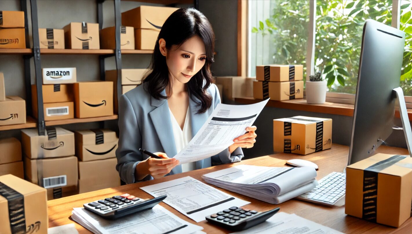 デスクで請求書とAmazon商品データを突き合わせながら確認作業を行う日本人女性。正規仕入れ証明のために書類を厳密にチェックする様子が、真贋調査対策の重要性を伝える。