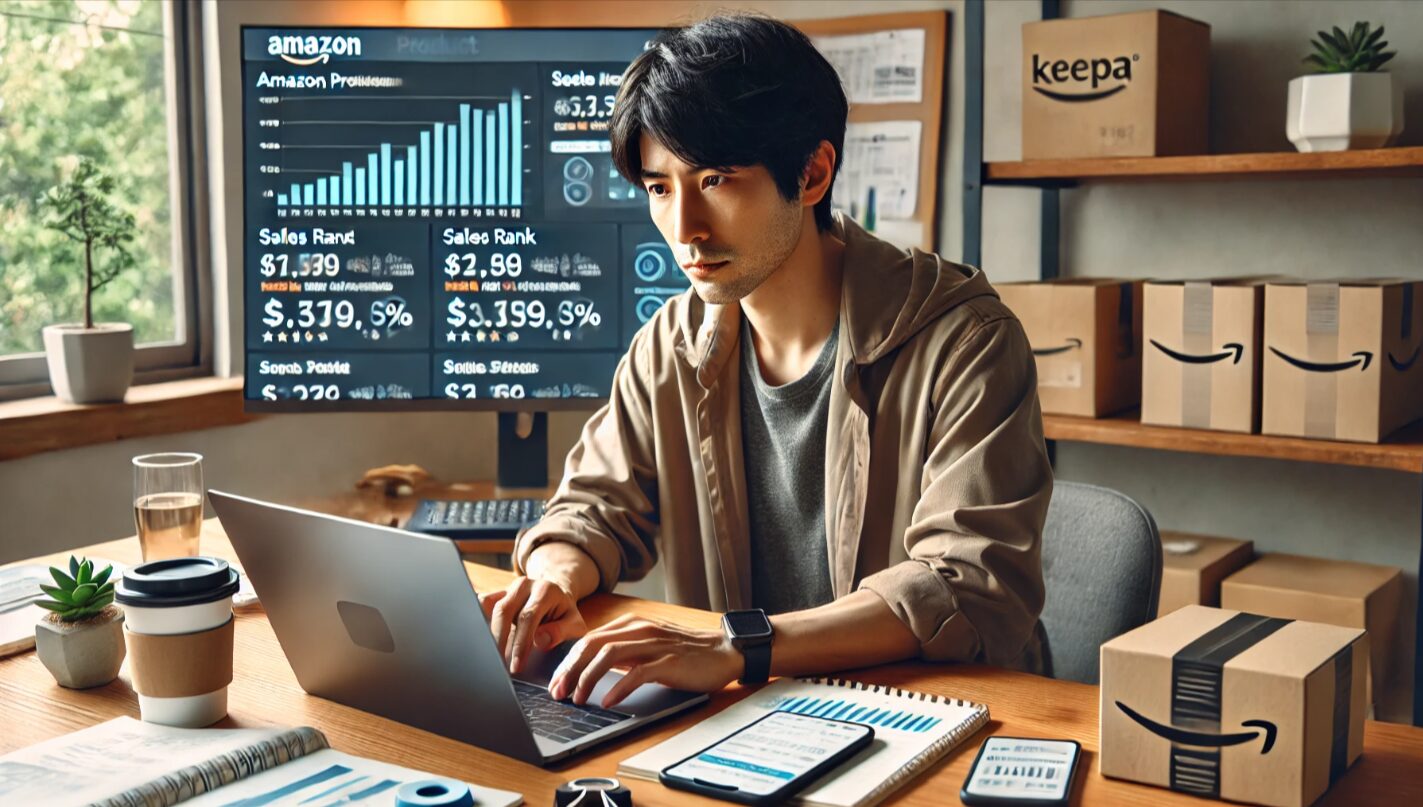 ノートパソコンとスマホを使ってAmazon販売商品の価格やランキングを分析している日本人男性。Keepaのようなツールを活用して、利益商品のリサーチを行う戦略的なワークスペース。