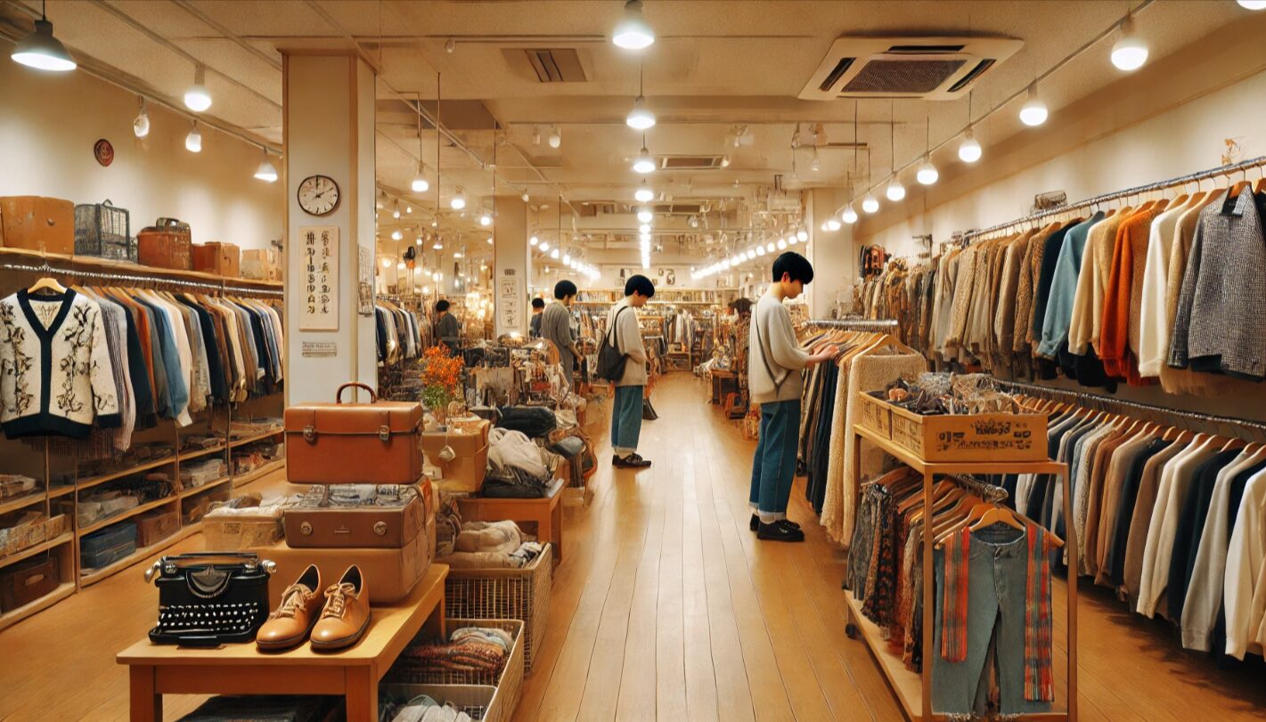 日本のリユースショップ内で、古着や中古品が整然と並び、日本人客が静かに商品を見ている様子。