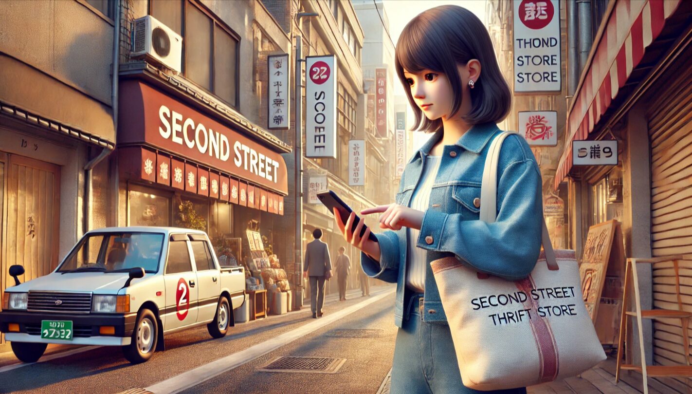 日本の中古ショップ前でスマホとバッグを持ち、入店前に準備するせどらーの日本人女性。