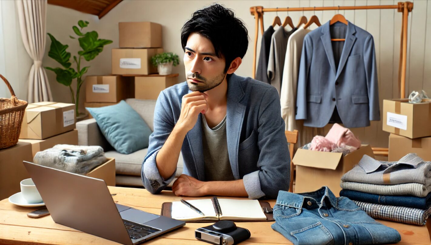 日本人男性が自宅でノートパソコンとノートを見ながら、せどり戦略を見直すために真剣に考えている様子。部屋には中古品の在庫が整然と置かれている。