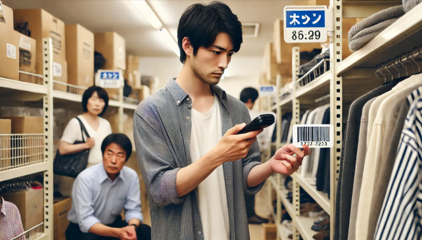 中古ショップで日本人男性が商品を手に取りスマホでバーコードをスキャンし、周囲の客が気にしている様子。