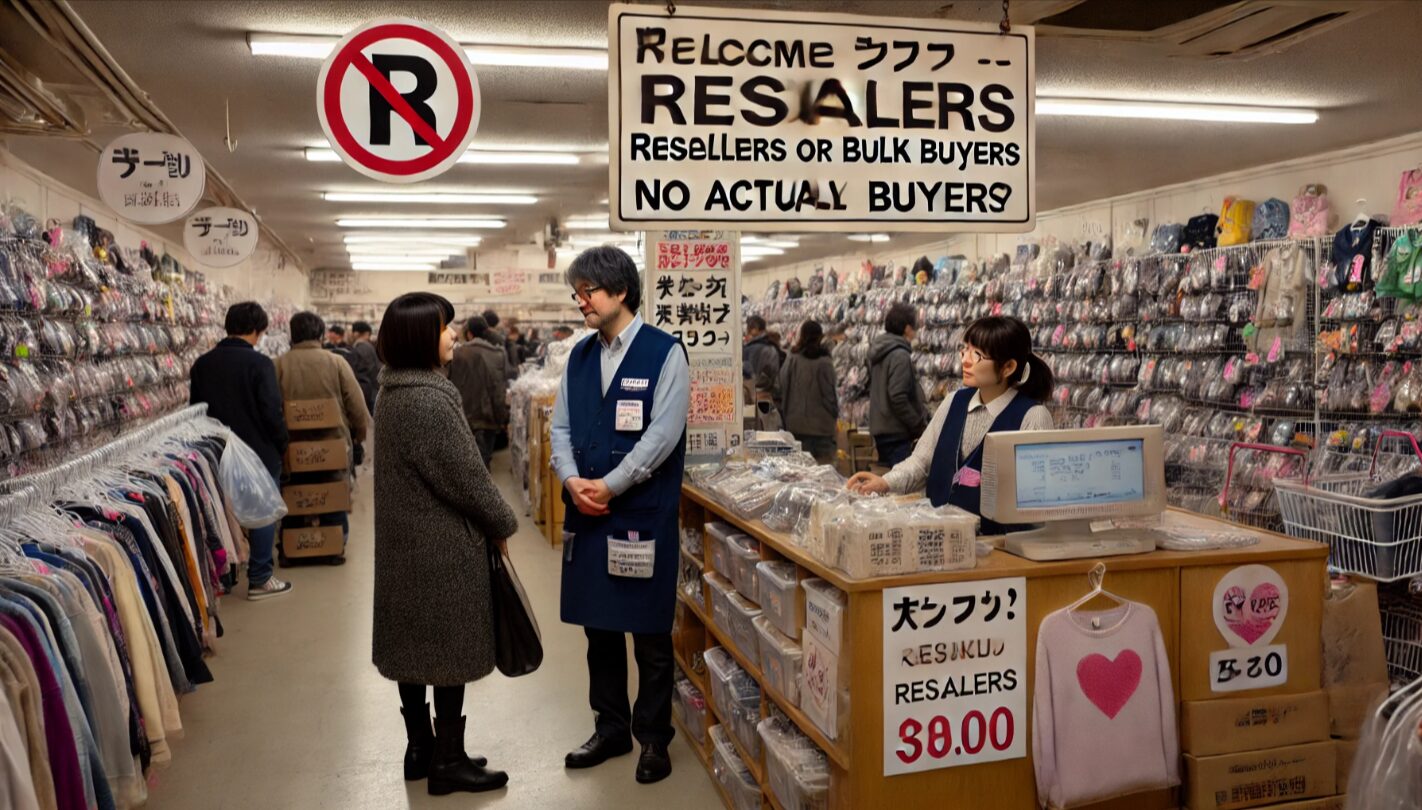 日本の中古ショップで店員がせどり客らしき人物に丁寧に対応し、対策を講じている様子。