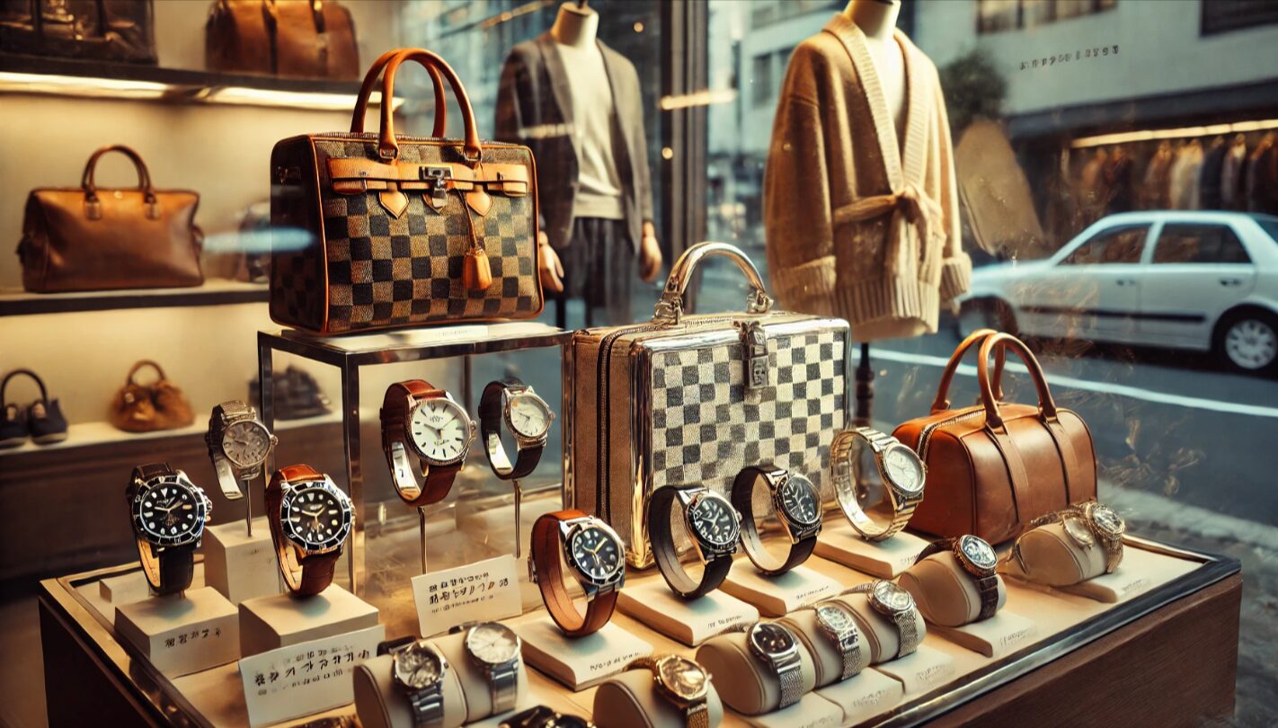 日本の中古店のガラスショーケースに高級ブランドのバッグや腕時計が陳列された様子。