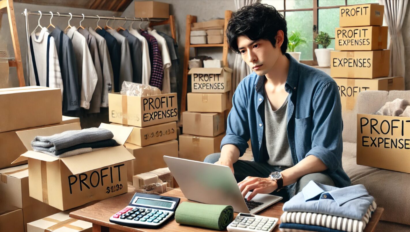 自宅でノートパソコンを見ながら、せどりの収支を確認している日本人男性。周囲には在庫品や梱包資材が置かれている。