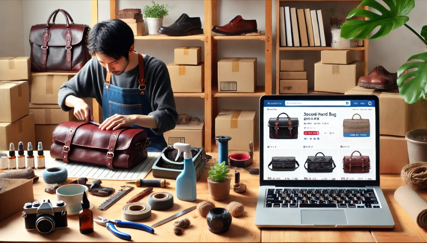 一方で中古バッグのリペア作業を行い、もう一方でパソコンで商品出品をする日本人せどらーの自宅作業風景。