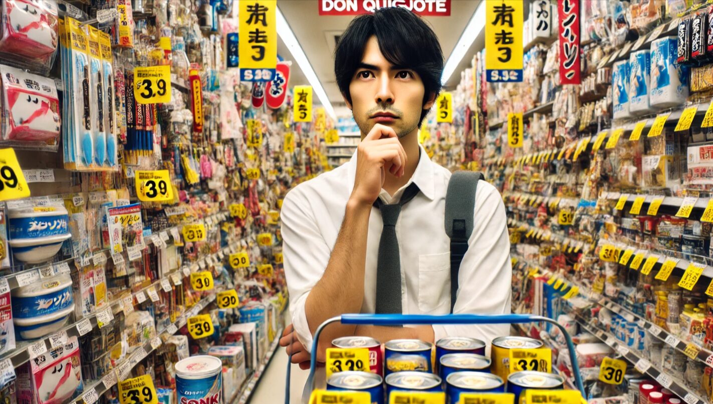 日本のディスカウントストア内で、悩んだ表情を見せる30代の日本人男性。商品棚に囲まれ、雑多な雰囲気の中で「せどり」開始前の葛藤を象徴するシーン。