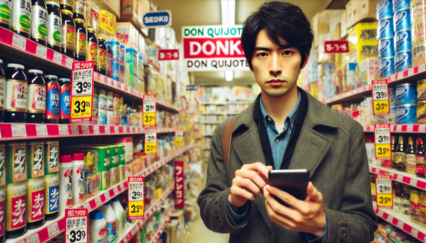 日本のドンキ風の店内でスマホを使ってリサーチする日本人男性。慎重にバーコードをスキャンしている様子が、せどり活動と緊張感をリアルに表現。