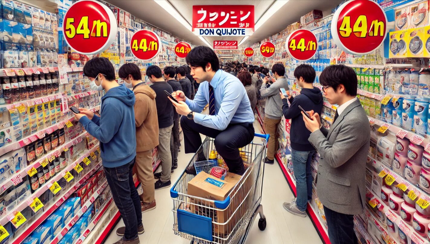 ドンキ風店舗の狭い通路でカートを放置しながらスマホ操作をする男性と、それに困惑する他の客たち。迷惑行動によるトラブルのリスクを示唆する場面。