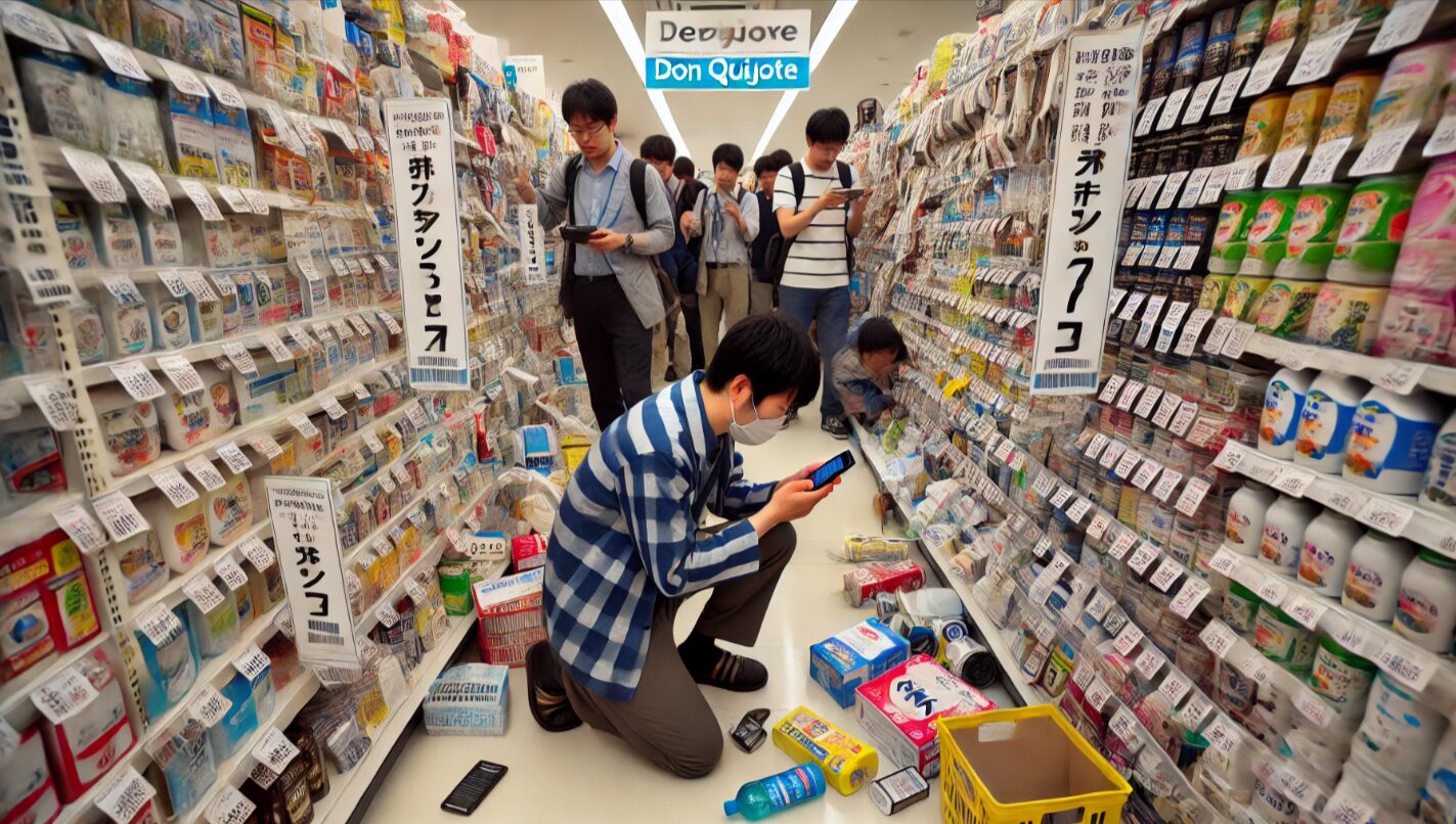 日本のディスカウントストアで床に商品を並べてリサーチしている日本人男性と、迷惑そうな表情で通路を通れない周囲の買い物客。せどりにおけるNG行動を象徴するシーン。