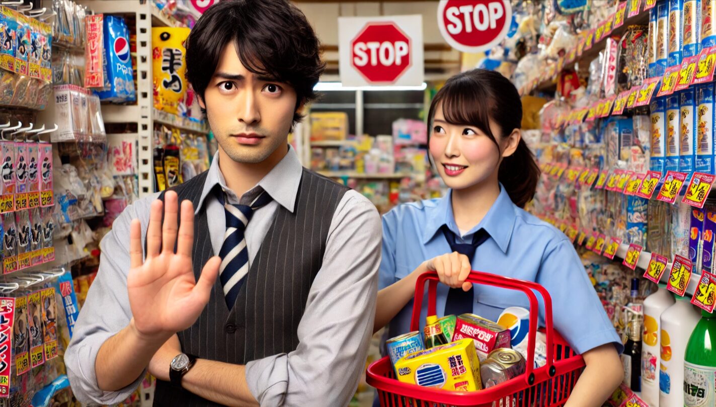 店員に注意を受けて驚く日本人男性。割引商品を持っており、ドンキのような混雑した店内での「警告シーン」をリアルに再現。