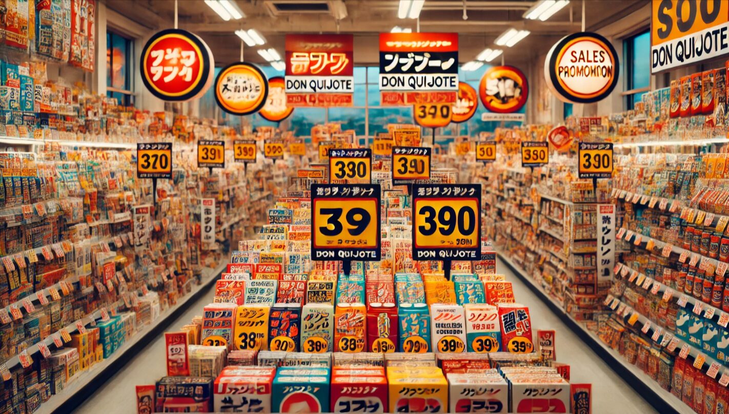 色とりどりのPOPが並ぶディスカウント商品の棚。赤や黄色の派手な値札が特徴的で、仕入れ判断のポイントとなる売り場を描写。