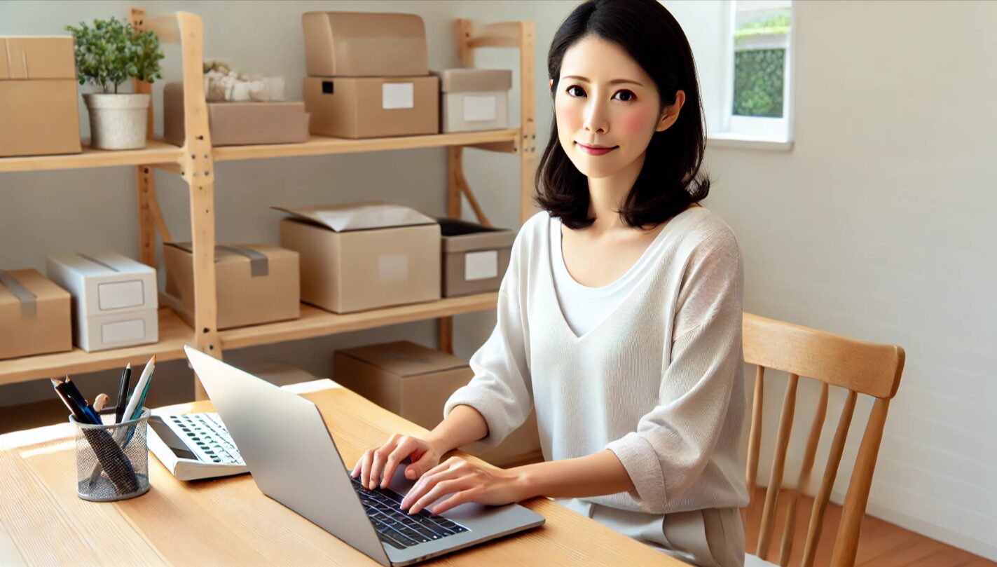 自宅の明るい部屋でノートPCを使ってリサーチを行う30代の日本人女性。落ち着いた環境で行う在宅物販の快適さを表現したシーン。