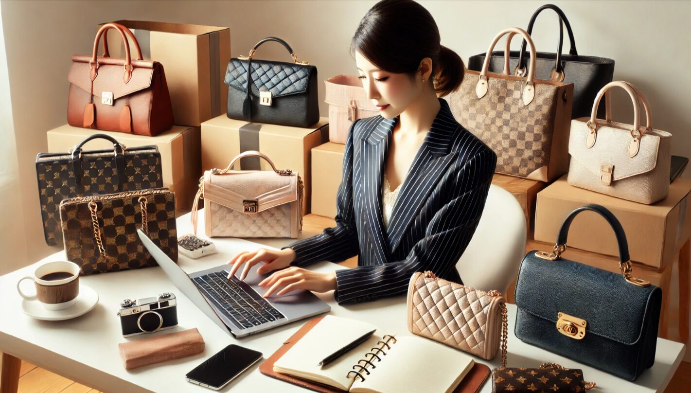 ラグジュアリーブランドのバッグやアクセサリーをデスクに並べ、仕入れルートをリサーチする日本人女性。高級品転売ビジネスに取り組むプロフェッショナルな雰囲気を表現した室内シーン。