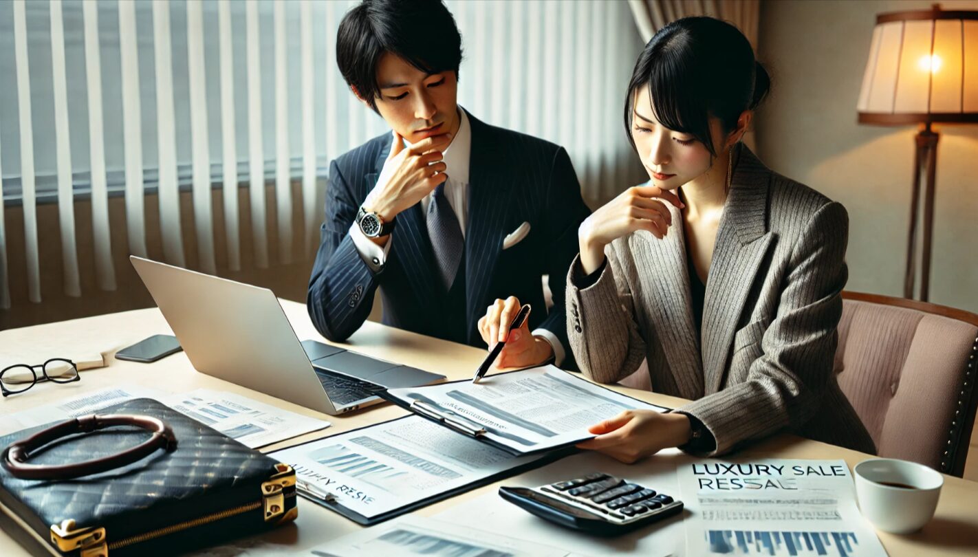 ハイブランド転売に潜むリスクを検討する日本人男女が書類とパソコンを見ながら分析しているビジネスシーン。