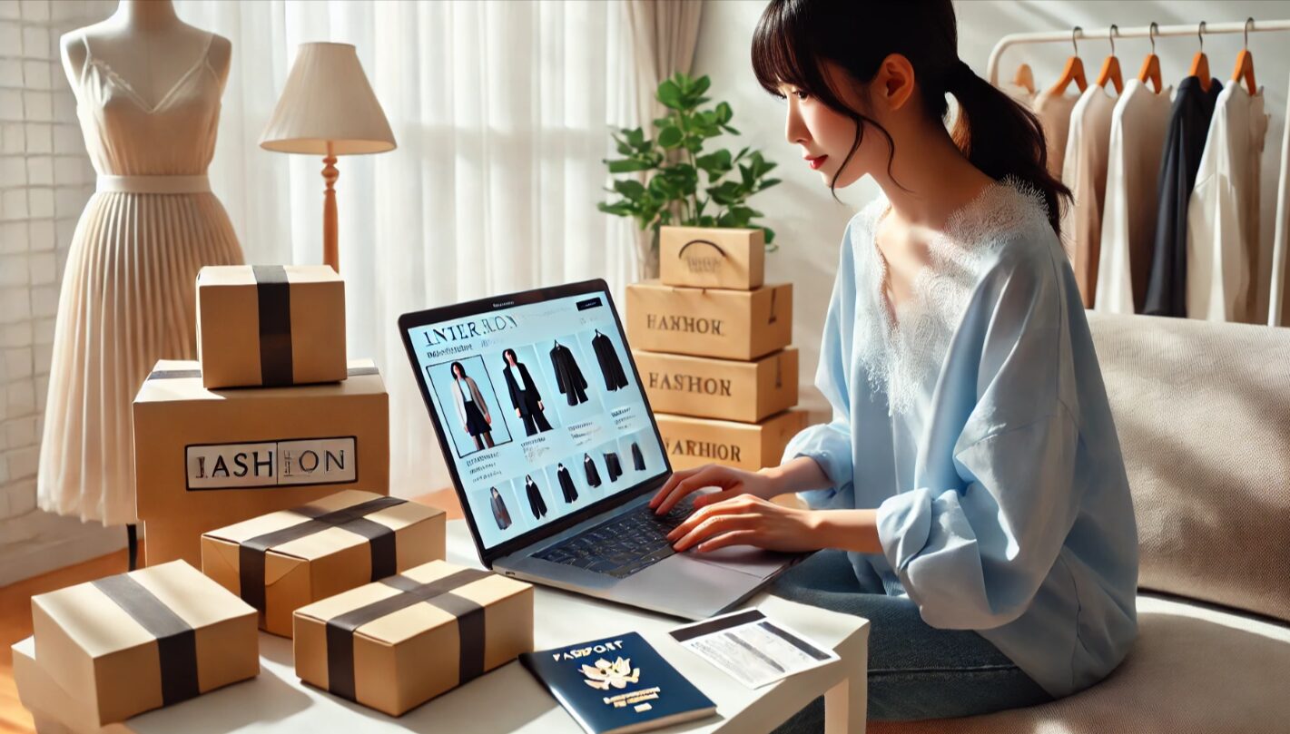 海外ファッション通販サイトを閲覧しながら並行輸入の準備をする日本人女性と、周囲に積まれた海外配送を示す箱のある室内。