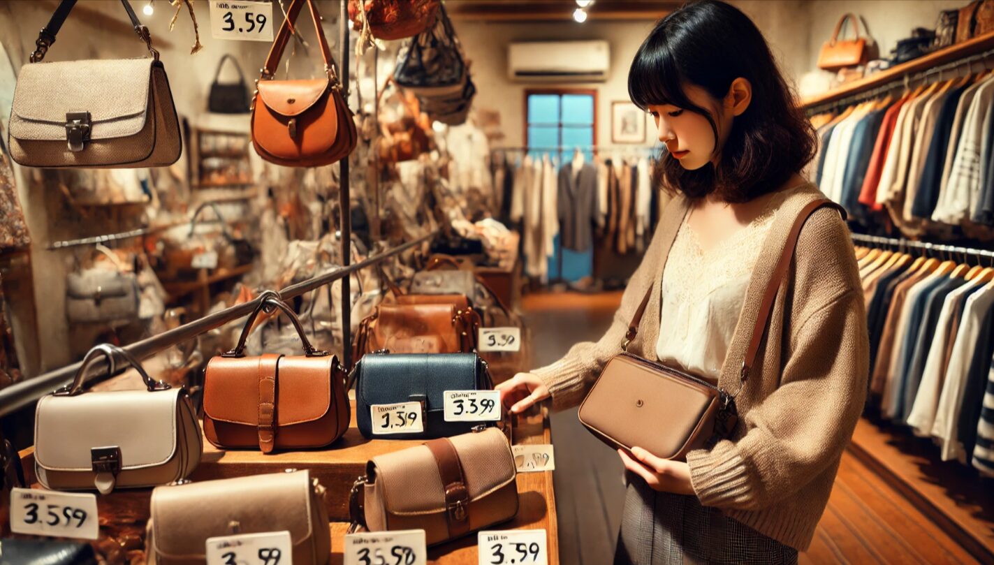 リサイクルショップで商品棚のバッグを手に取り、仕入れ候補をチェックする日本人女性の店舗せどりシーン。