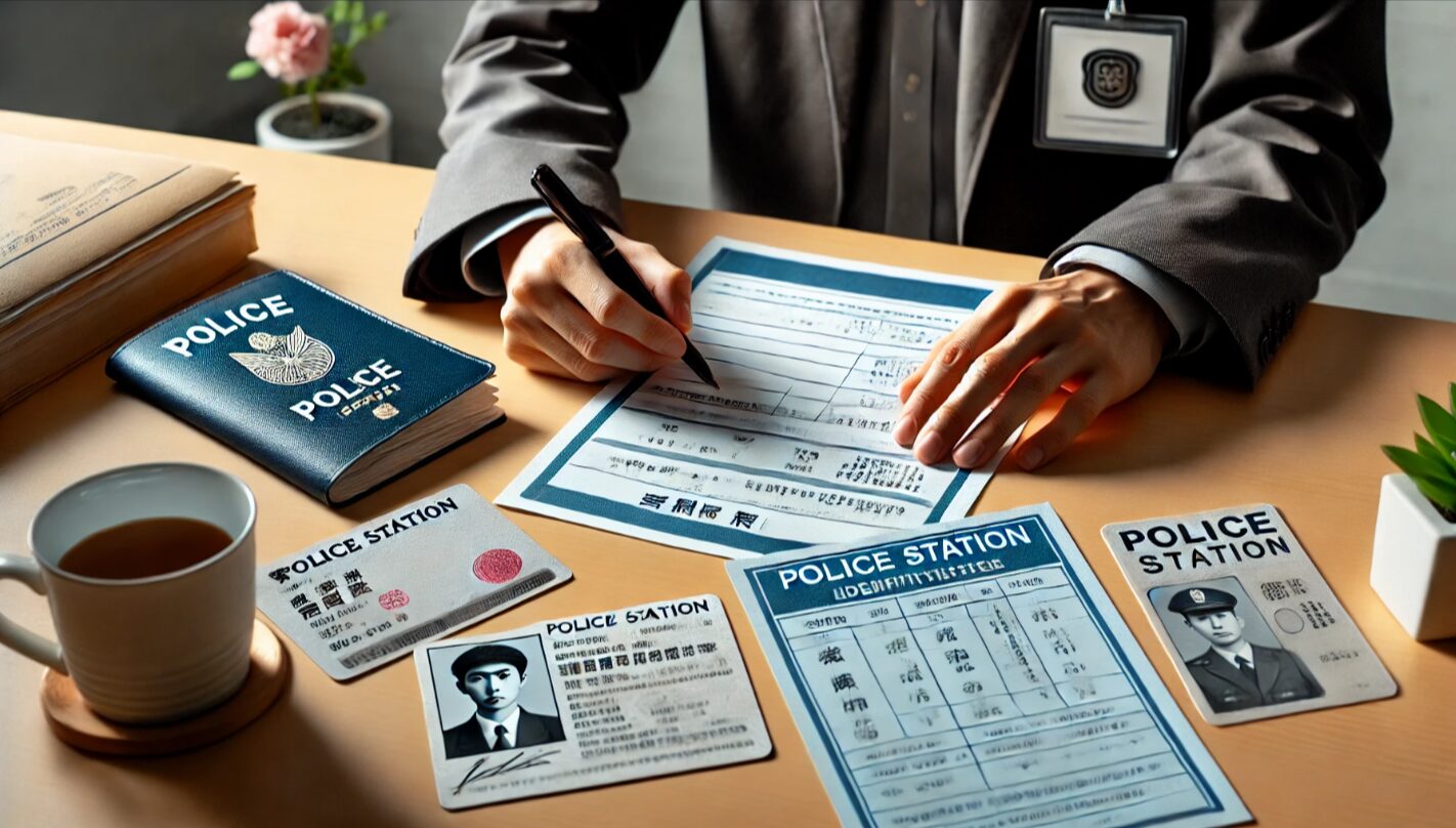 古物商許可申請に必要な書類や本人確認資料を机で準備する日本人の手元を写した行政手続きイメージ。