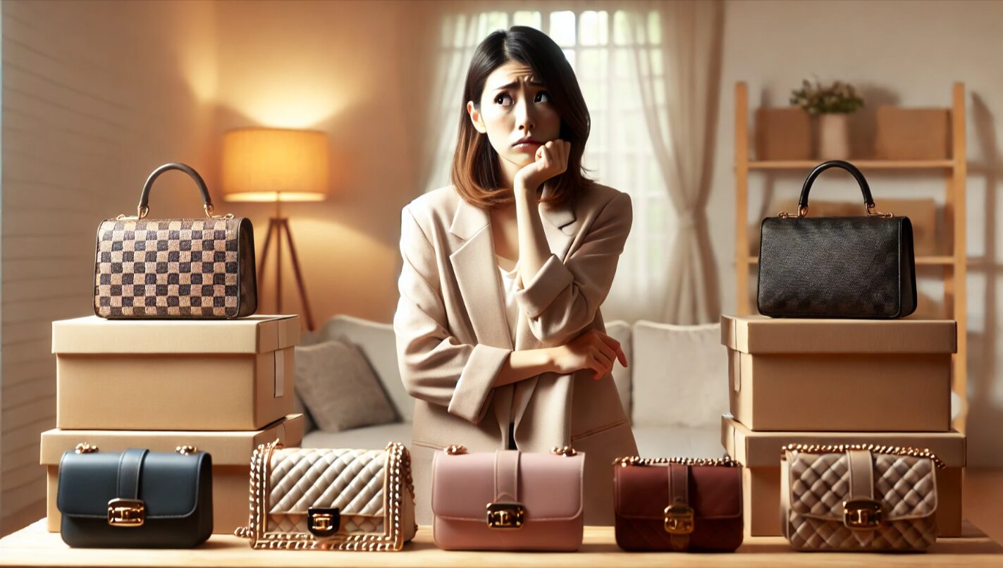 高額なハイブランド商品を前に悩む日本人女性が、不安そうな表情で在庫リスクに直面する様子。