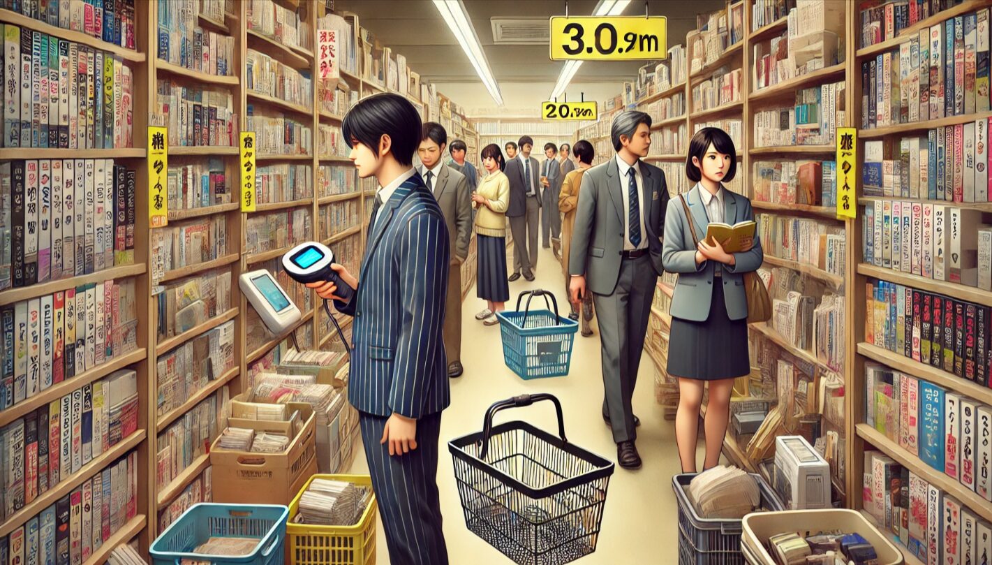 日本の古本屋でせどり目的の人物が複数の買い物かごを通路に置き、他の客が通れずに困っている様子の画像。