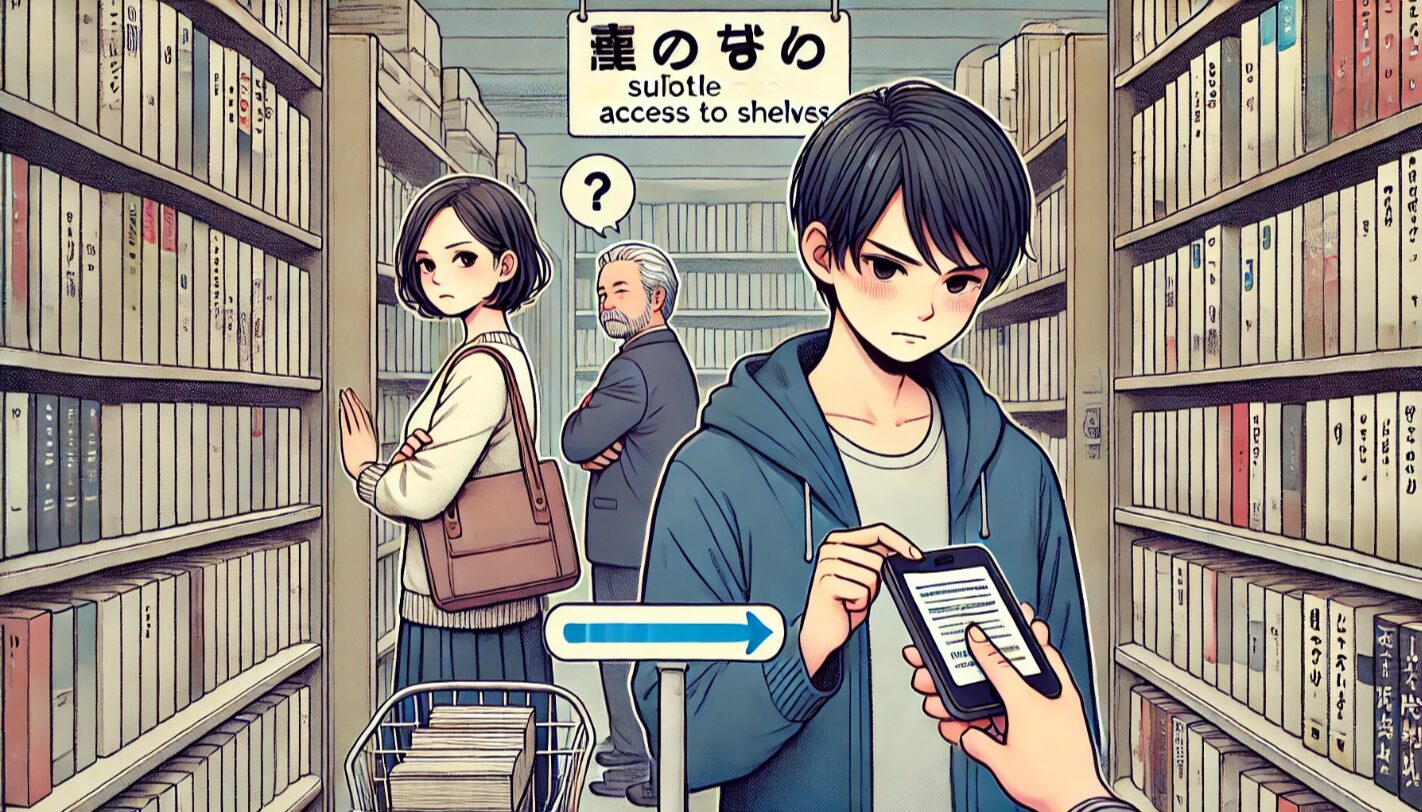 中古書店でせどり中の人物が本棚の前を占拠し、後ろで他の客が通れずに不快そうに待っている場面。