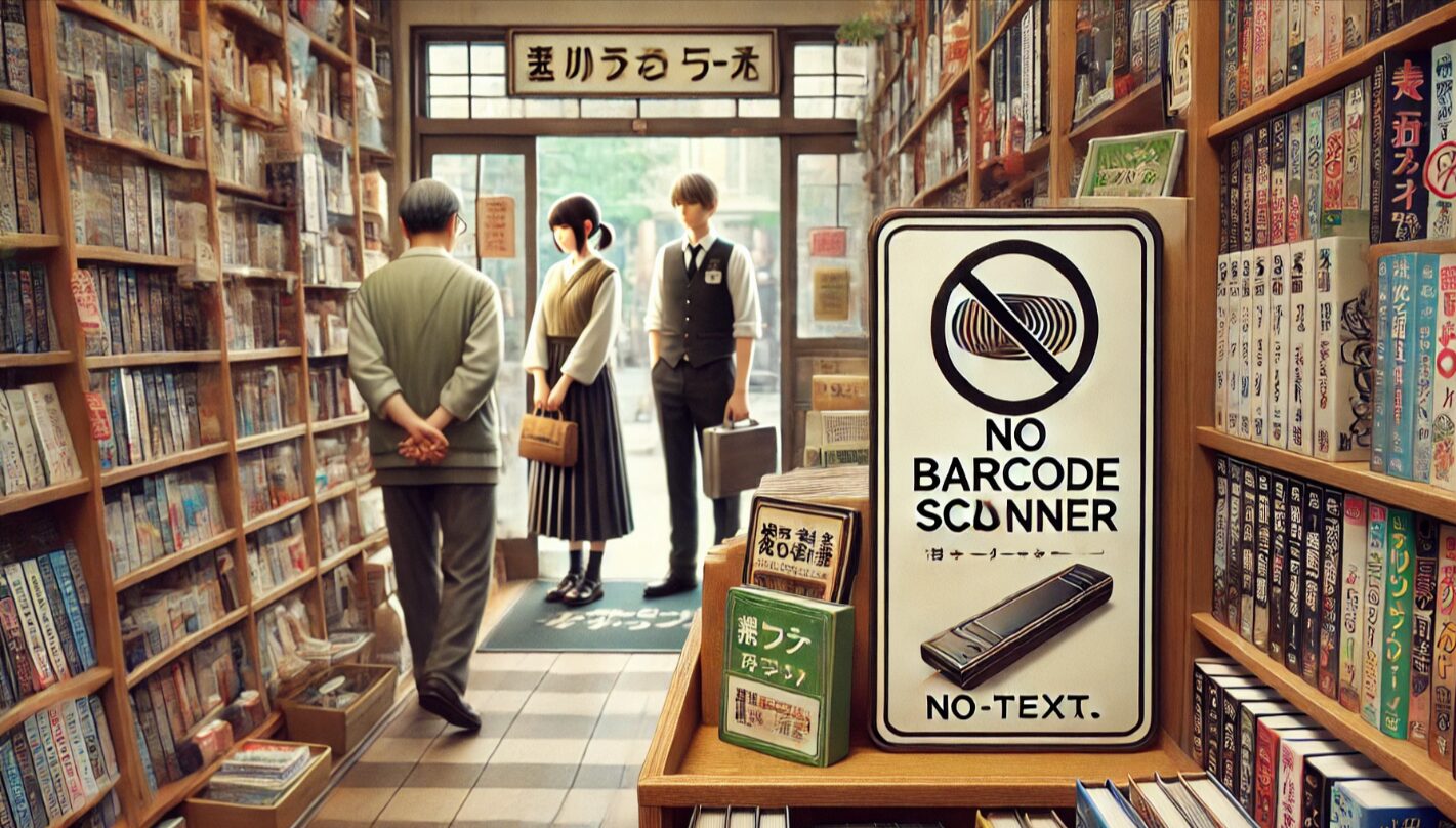日本の古本屋の入り口付近にビーム使用禁止のマークが掲示され、店員が周囲を見回している様子。
