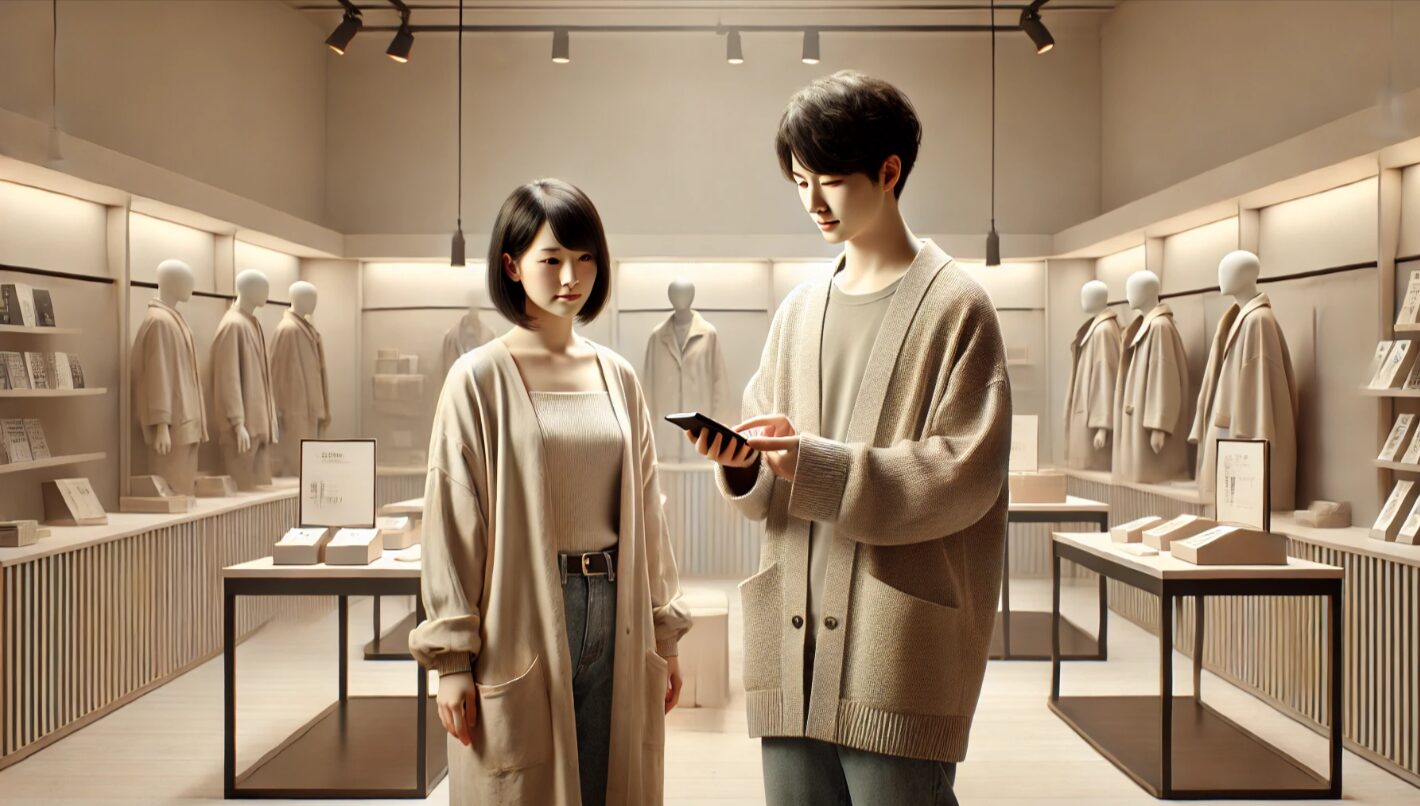 日本人の男女が店舗内のミニマルな空間で電子端末を手に確認している様子。店員に見られているような雰囲気を表し、せどり行為に対する店舗側の目線をイメージしたシーン。