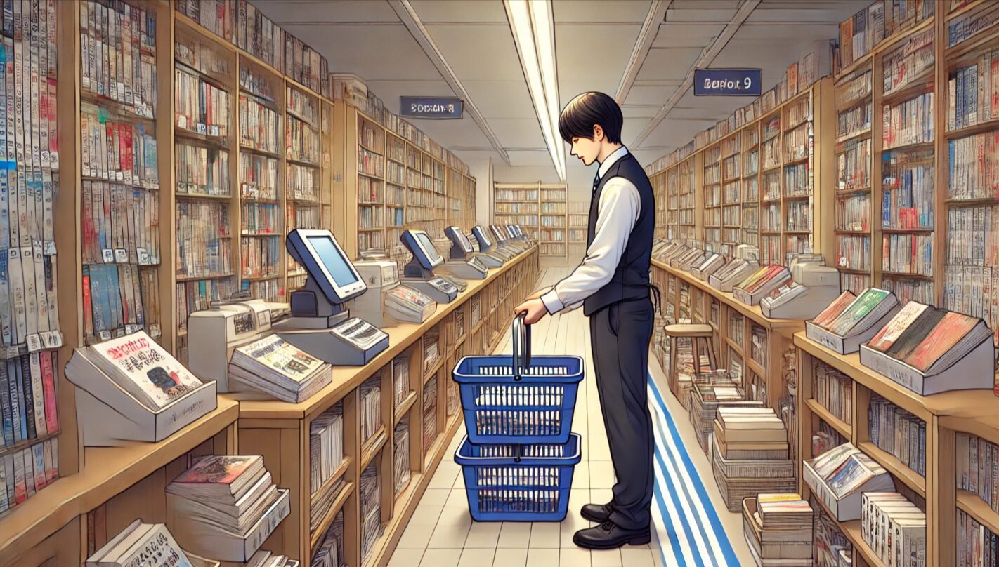 日本の古本屋で、清潔感のある服装の人物が通路をふさがずに丁寧に本をリサーチしている整然とした様子。