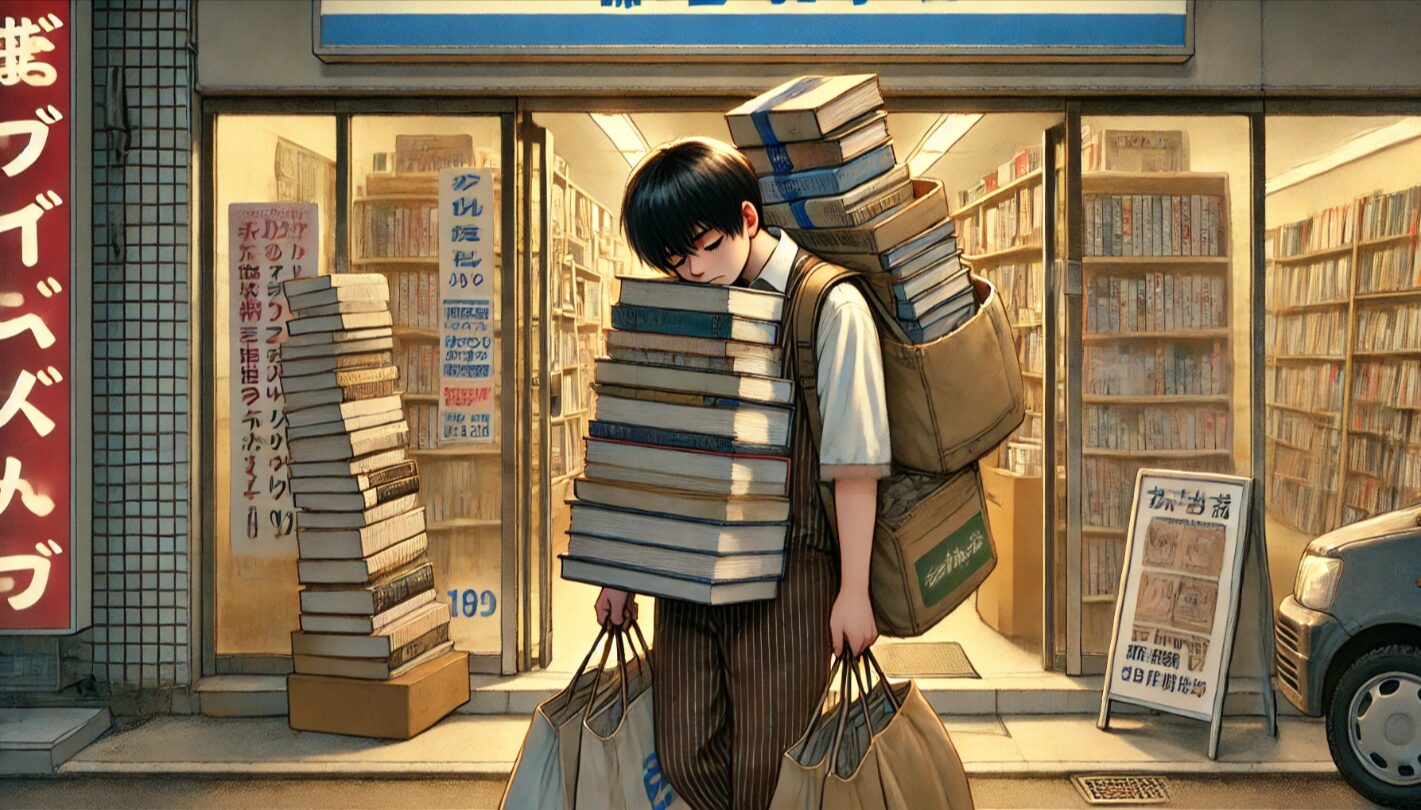 夕方、日本人のせどらーが重たい袋をいくつも持って古本屋から疲れた表情で出てくる場面。