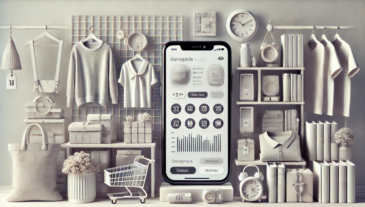 フリマアプリに出品されている衣類や電子機器、本などのアイテムを並べた日本の家庭風景とスマートフォンの画面