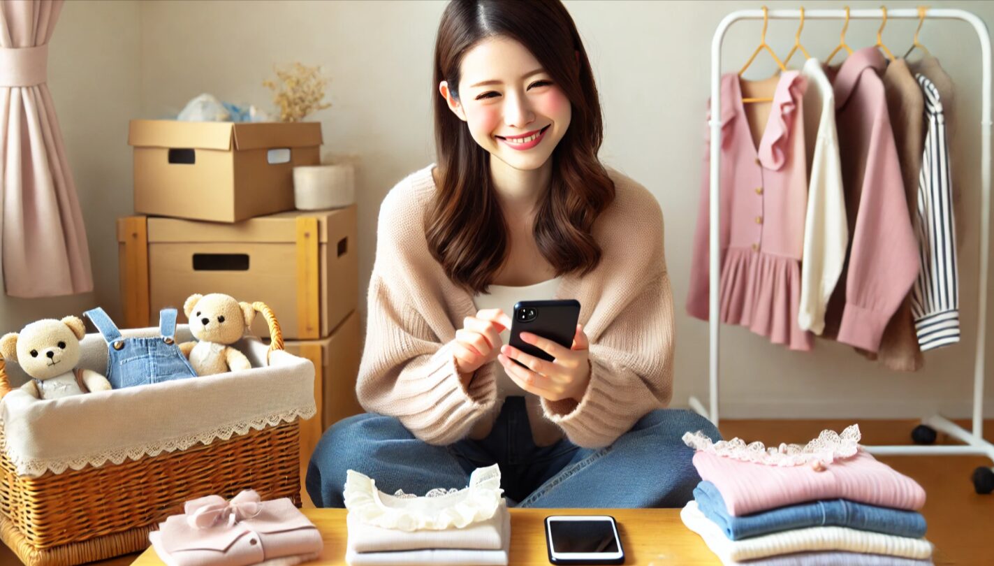 明るい部屋でフリマアプリに出品するためにスマホを操作している日本人女性と、周囲に並べられた衣類や小物類