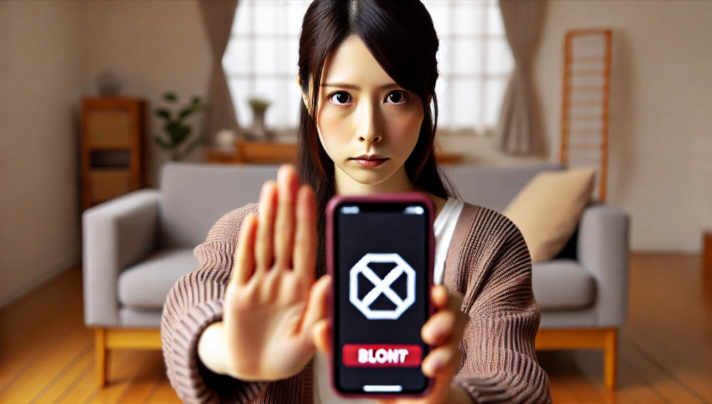 フリマアプリでユーザーをブロックまたは通報している真剣な表情の日本人女性