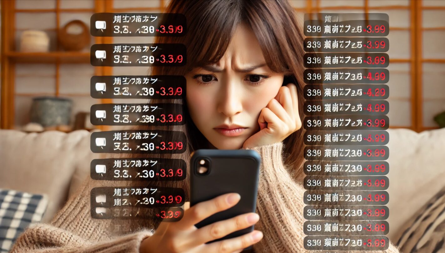 スマホで強引な値下げ交渉の通知を見て困惑している日本人女性