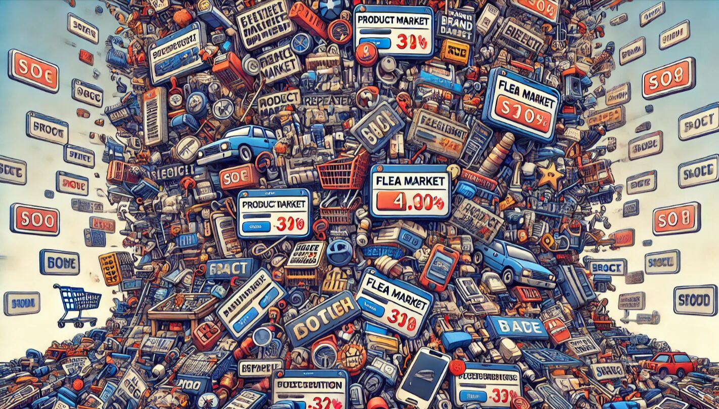 同じ商品が大量に並び、検索がしにくくなったフリマアプリの混雑したインターフェースを表現したイラスト