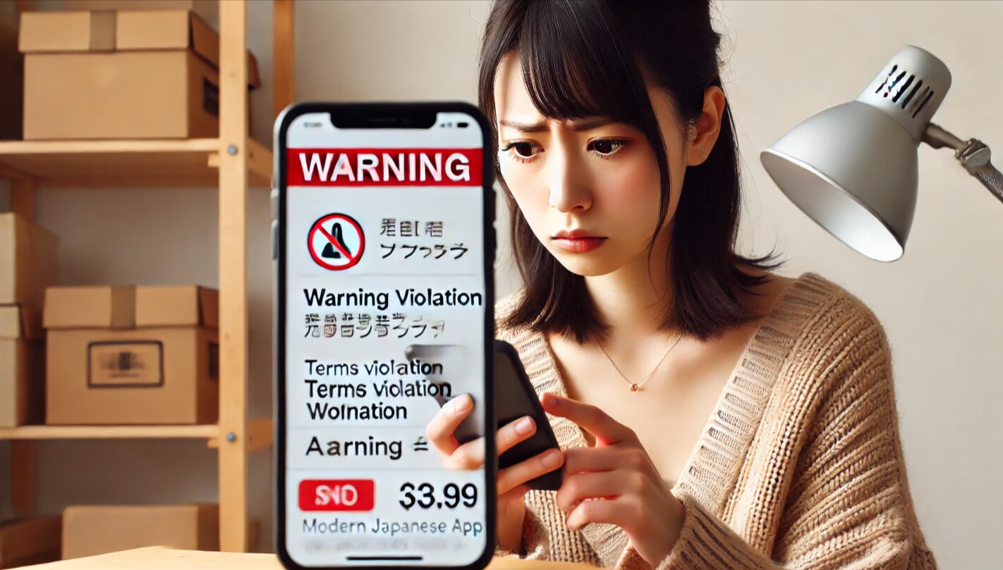 スマートフォンの画面でアカウント警告や利用制限を確認している不安そうな表情の日本人女性