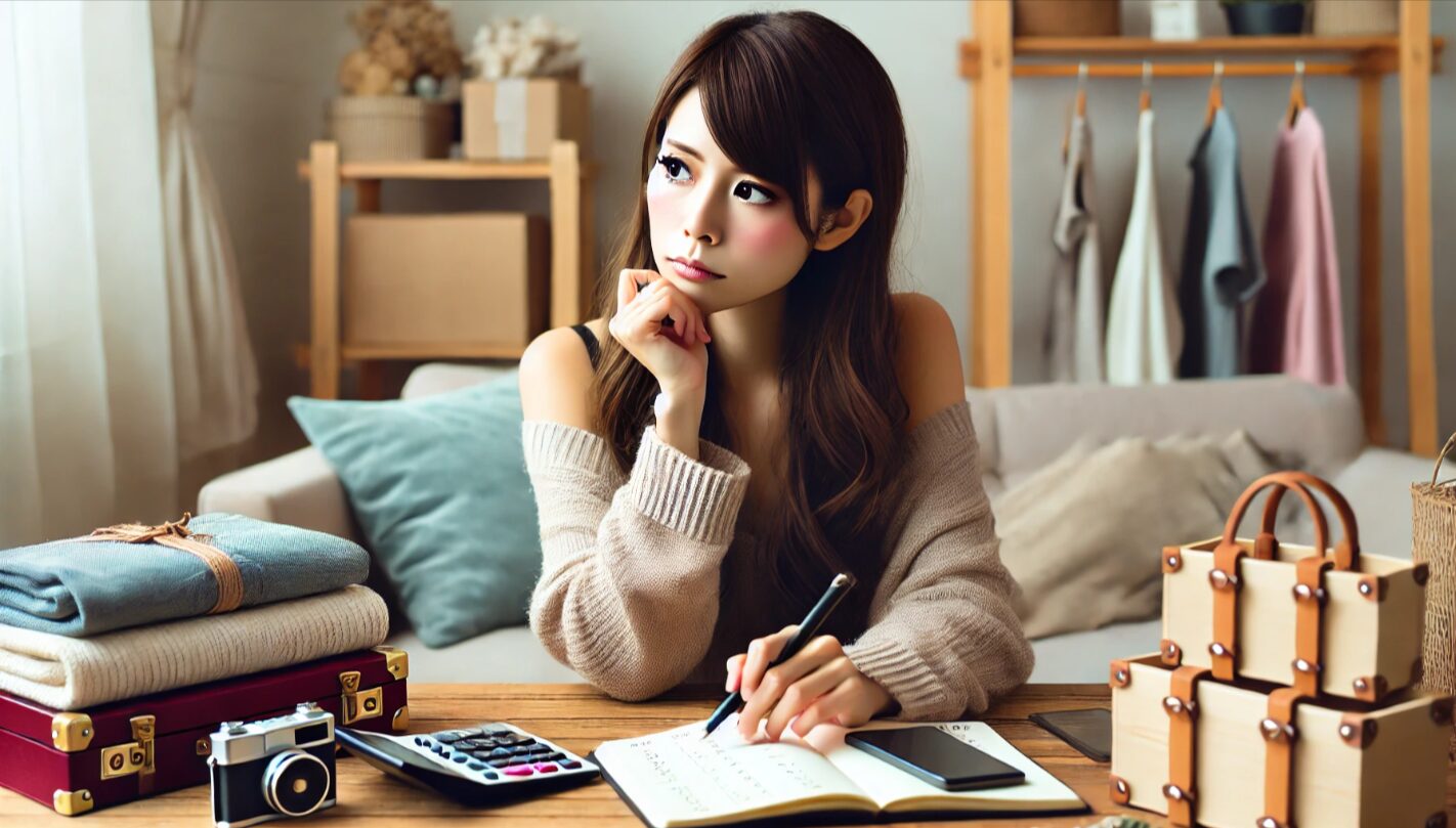 ノートとスマホを使ってフリマ売上の計算をしている思案中の日本人女性とテーブル上の販売商品